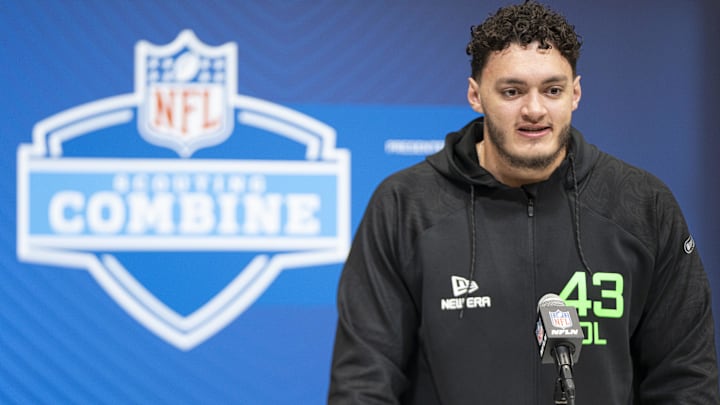 Mar 1, 2025; Indianapolis, IN, USA; Iowa State offensive lineman Jalen Travis (OL43) answers questions at a press conference during the 2025 NFL Combine at Indiana Convention Center. Mandatory Credit: Jacob Musselman-Imagn Images Mar 1, 2025; Indianapolis, IN, USA; Iowa State offensive lineman Jalen Travis (OL43) answers questions at a press conference during the 2025 NFL Combine at Indiana Convention Center. Mandatory Credit: Jacob Musselman-Imagn Images