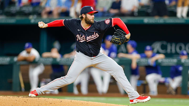 May 1, 2024; Arlington, Texas, USA; Washington Nationals pitcher Trevor Williams (32) throws during the first inning against the Texas Rangers at Globe Life Field. Mandatory Credit: Andrew Dieb-USA TODAY Sports