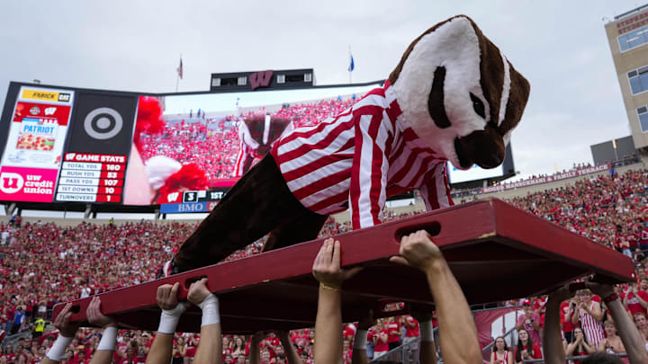 Sep 20, 2025; Madison, Wisconsin, USA; Wisconsin Badgers mascot Bucky Badger does push ups following a field goal during the third quarter against the Maryland Terrapins at Camp Randall Stadium. Mandatory Credit: Jeff Hanisch-Imagn Images Sep 20, 2025; Madison, Wisconsin, USA; Wisconsin Badgers mascot Bucky Badger does push ups following a field goal during the third quarter against the Maryland Terrapins at Camp Randall Stadium. Mandatory Credit: Jeff Hanisch-Imagn Images
