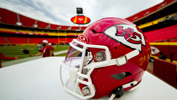 Aug 22, 2024; Kansas City, Missouri, USA; A detailed view of a Kansas City Chiefs helmet prior to a game against the Chicago Bears at GEHA Field at Arrowhead Stadium. Mandatory Credit: Jay Biggerstaff-Imagn Images Aug 22, 2024; Kansas City, Missouri, USA; A detailed view of a Kansas City Chiefs helmet prior to a game against the Chicago Bears at GEHA Field at Arrowhead Stadium. Mandatory Credit: Jay Biggerstaff-Imagn Images