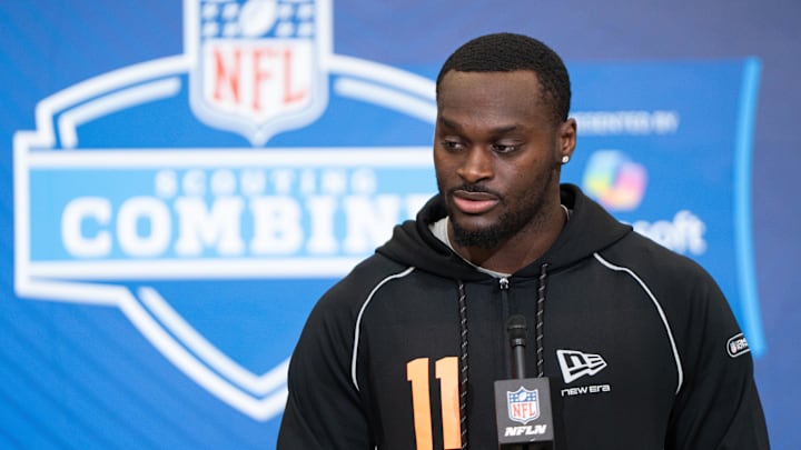 Feb 27, 2026; Indianapolis, IN, USA; Notre Dame running back Jeremiyah Love (RB11) speaks to members of the media during the NFL Combine at the Indiana Convention Center. Mandatory Credit: Jacob Musselman-Imagn Images