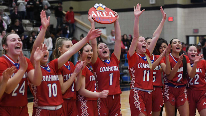 Coahoma celebrates after beating Slaton in a Class 3A Division II area-round girls basketball game Friday, Feb. 14, 2025, at the Kurt Pierce Athletic Facility in Lamesa.