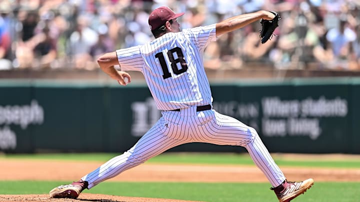 Texas A&M pitcher Ryan Prager (18) delivers a pitch during the first inning against the Oregon at Olsen Field, Blue Bell Park Texas A&M pitcher Ryan Prager (18) delivers a pitch during the first inning against the Oregon at Olsen Field, Blue Bell Park