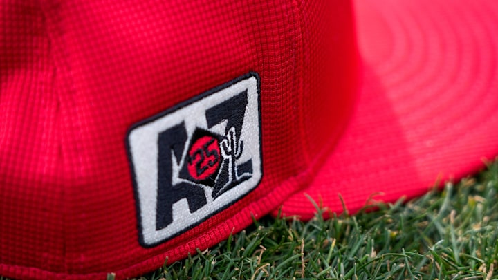 The Cactus League spring training patch on a Cincinnati Reds hat at the Cincinnati Reds Player Development Complex in Goodyear, Ariz., on Thursday, Feb. 13, 2025.