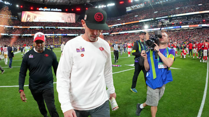 Feb 11, 2024; Paradise, Nevada, USA; San Francisco 49ers head coach Kyle Shanahan walks off the field after losing Super Bowl LVIII to the Kansas City Chiefs at Allegiant Stadium. Mandatory Credit: Kirby Lee-USA TODAY Sports