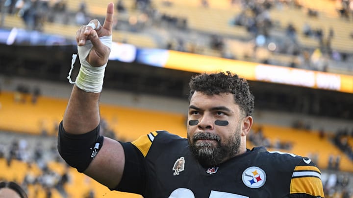 Dec 8, 2024; Pittsburgh, Pennsylvania, USA; Pittsburgh Steelers defensive tackle Cameron Heyward (97) celebrates with fans following a game against the Cleveland Browns at Acrisure Stadium. Mandatory Credit: Barry Reeger-Imagn Images