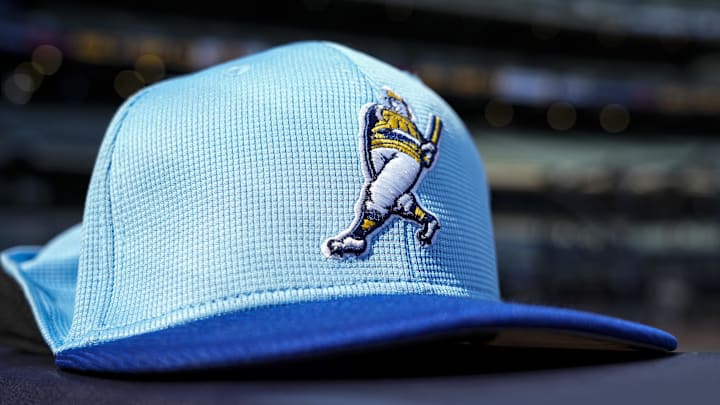 Jul 27, 2024; Milwaukee, Wisconsin, USA; General view of a Milwaukee Brewers alternate logo cap prior to the game against the Miami Marlins at American Family Field. Mandatory Credit: Jeff Hanisch-Imagn Images Jul 27, 2024; Milwaukee, Wisconsin, USA; General view of a Milwaukee Brewers alternate logo cap prior to the game against the Miami Marlins at American Family Field. Mandatory Credit: Jeff Hanisch-Imagn Images