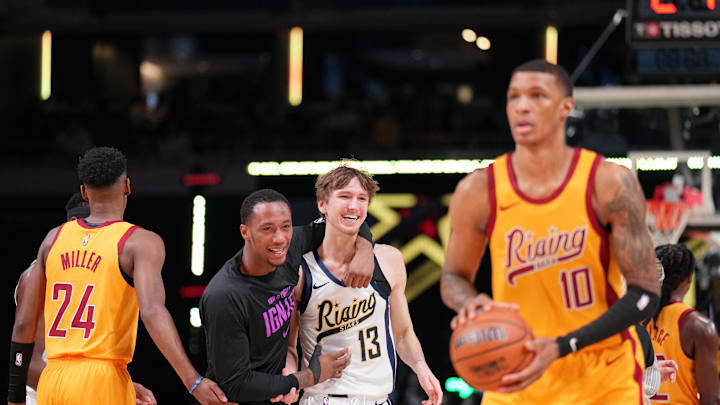 Feb 16, 2024; Indianapolis, Indiana, USA; Team Detlef forward Matas Buzelis (13) of the G League Ignite reacts after winning a Rising Stars semifinal game at Gainbridge Fieldhouse. Mandatory Credit: Kyle Terada-USA TODAY Sports Feb 16, 2024; Indianapolis, Indiana, USA; Team Detlef forward Matas Buzelis (13) of the G League Ignite reacts after winning a Rising Stars semifinal game at Gainbridge Fieldhouse. Mandatory Credit: Kyle Terada-USA TODAY Sports