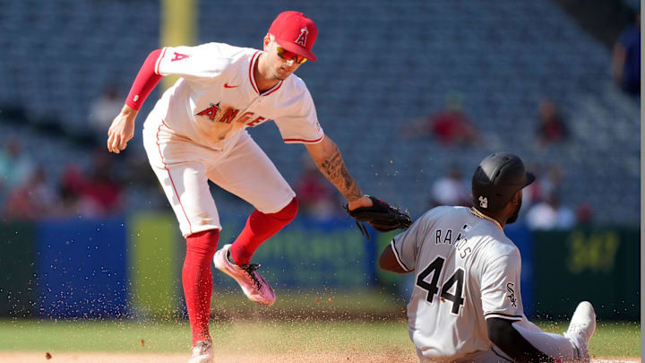 Sep 18, 2024; Anaheim, California, USA; Los Angeles Angels shortstop Zach Neto (9) tags out Chicago White Sox third baseman Bryan Ramos (44) out at second base in the 10th inning at Angel Stadium. Mandatory Credit: Kirby Lee-Imagn Images Sep 18, 2024; Anaheim, California, USA; Los Angeles Angels shortstop Zach Neto (9) tags out Chicago White Sox third baseman Bryan Ramos (44) out at second base in the 10th inning at Angel Stadium. Mandatory Credit: Kirby Lee-Imagn Images