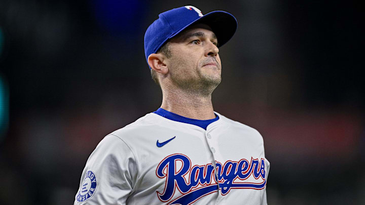 Sep 5, 2024; Arlington, Texas, USA; Texas Rangers relief pitcher David Robertson (37) comes off the field after he pitches against the Los Angeles Angels during the game at Globe Life Field.