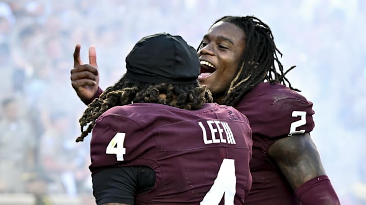 Sep 27, 2025; College Station, Texas, USA; Texas A&M Aggies cornerback Will Lee III (4) and cornerback Dezz Ricks (2) react after the game against the Auburn Tigers at Kyle Field. Mandatory Credit: Maria Lysaker-Imagn Images Sep 27, 2025; College Station, Texas, USA; Texas A&M Aggies cornerback Will Lee III (4) and cornerback Dezz Ricks (2) react after the game against the Auburn Tigers at Kyle Field. Mandatory Credit: Maria Lysaker-Imagn Images