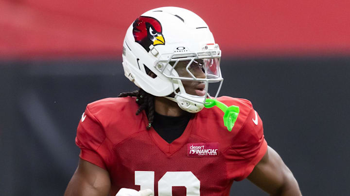 Jul 29, 2025; Glendale, AZ, USA; Arizona Cardinals wide receiver Marvin Harrison Jr. (18) during training camp at State Farm Stadium. Mandatory Credit: Mark J. Rebilas-Imagn Images