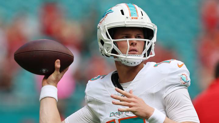 Miami Dolphins quarterback Brady Cook (15) warms up before the game against the Kansas City Chiefs at Hard Rock Stadium. Miami Dolphins quarterback Brady Cook (15) warms up before the game against the Kansas City Chiefs at Hard Rock Stadium.