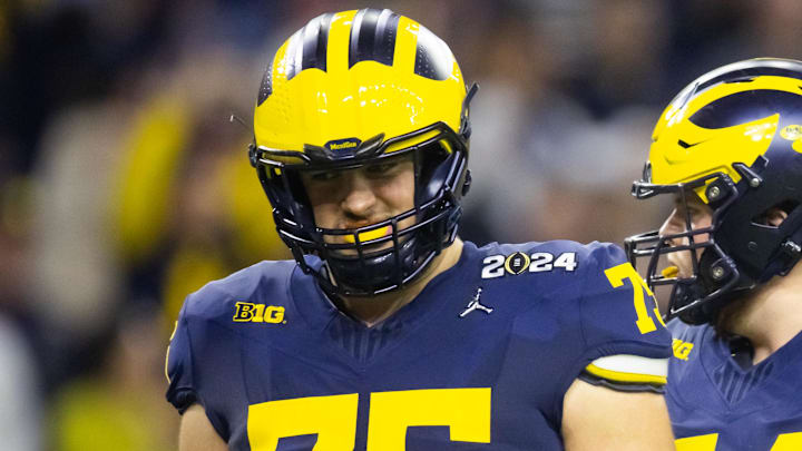 Jan 8, 2024; Houston, TX, USA; Michigan Wolverines offensive lineman Andrew Gentry (75) against the Washington Huskies during the 2024 College Football Playoff national championship game at NRG Stadium. Mandatory Credit: Mark J. Rebilas-Imagn Images