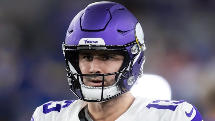 Jan 13, 2025; Glendale, AZ, USA; Minnesota Vikings quarterback Daniel Jones (13) against the Los Angeles Rams during an NFC wild card game at State Farm Stadium. Mandatory Credit: Mark J. Rebilas-Imagn Images