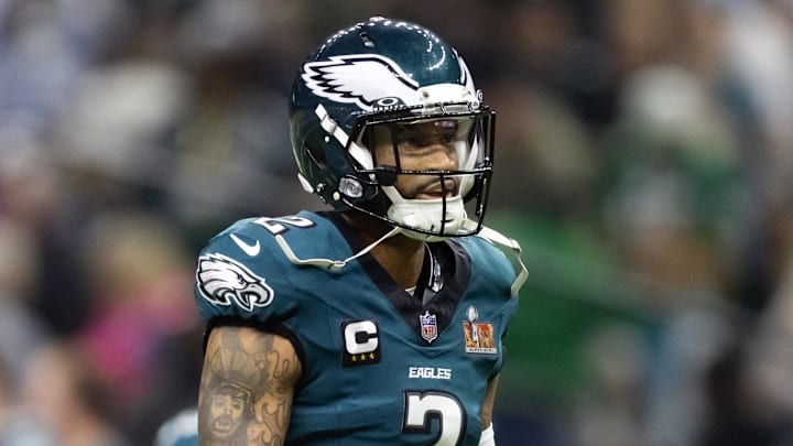 Feb 9, 2025; New Orleans, LA, USA; Philadelphia Eagles cornerback Darius Slay Jr. (2) against the Kansas City Chiefs during Super Bowl LIX at Ceasars Superdome. Mandatory Credit: Mark J. Rebilas-Imagn Images