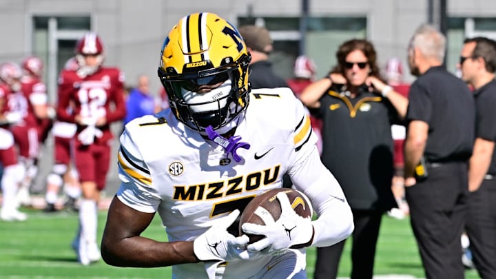 Oct 12, 2024; Amherst, Massachusetts, USA; Missouri Tigers wide receiver Courtney Crutchfield (7) warms up before a game against the Massachusetts Minutemen at Warren McGuirk Alumni Stadium. Mandatory Credit: Eric Canha-Imagn Images