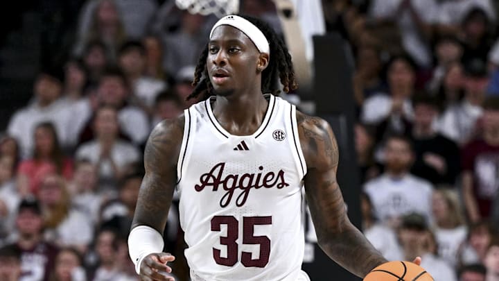 Jan 18, 2025; College Station, Texas, USA; Texas A&M Aggies guard Manny Obaseki (35) brings the ball down court against the LSU Tigers during the first half at Reed Arena. The Aggies defeated the Tigers 68-57. Mandatory Credit: Maria Lysaker-Imagn Images 