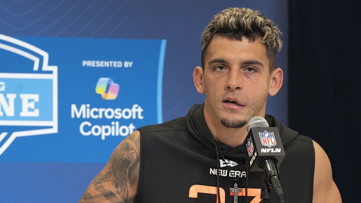 Miami wideout Xavier Restrepo talks to the press during the NFL Combine at Indiana Convention Center. Mandatory Credit: Stephanie Amador Blondet-Imagn Images