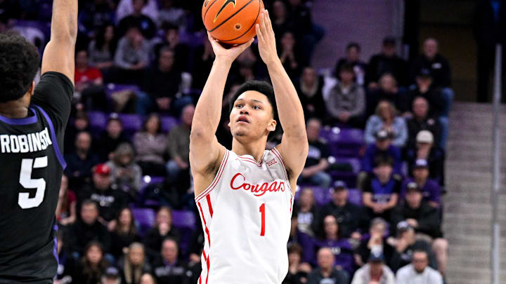 Jan 28, 2026; Fort Worth, Texas, USA; Houston Cougars guard Isiah Harwell (1) makes a jump shot during the game at Ed and Rae Schollmaier Arena.