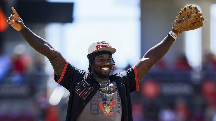 Aug 31, 2025; Cincinnati, Ohio, USA; Cincinnati Bengals’ Shemar Stewart throws out the first pitch before the game between the St. Louis Cardinals and the Cincinnati Reds at Great American Ball Park. Mandatory Credit: Katie Stratman-Imagn Images