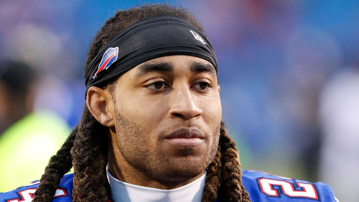 Nov 27, 2016; Orchard Park, NY, USA;  Buffalo Bills cornerback Stephon Gilmore (24) against the Jacksonville Jaguars at New Era Field. Buffalo beats Jacksonville 28 to 21. Mandatory Credit: Timothy T. Ludwig-Imagn Images
