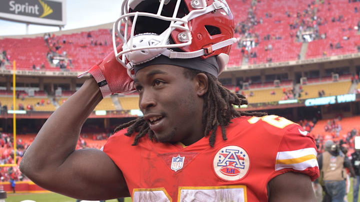 Nov 11, 2018; Kansas City, MO, USA; Kansas City Chiefs running back Kareem Hunt (27) leaves the field after the game against the Arizona Cardinals at Arrowhead Stadium. The Chiefs won 26-14. Mandatory Credit: Denny Medley-Imagn Images