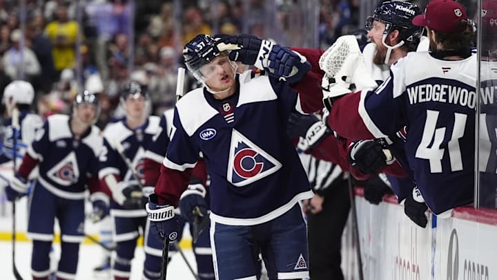 Dec 31, 2024; Denver, Colorado, USA; Colorado Avalanche center Casey Mittelstadt (37) celebrates his goal in the third period against the Winnipeg Jets at Ball Arena. Mandatory Credit: Ron Chenoy-Imagn Images