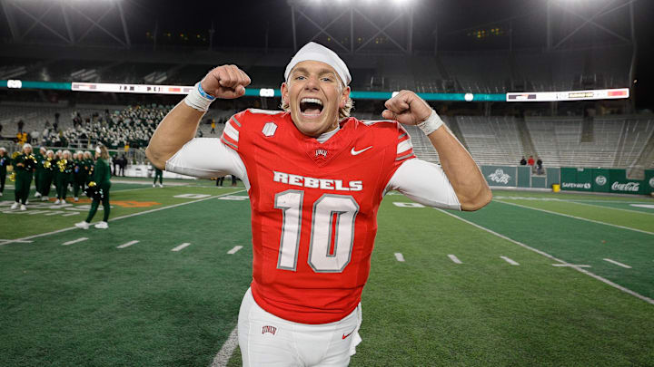 Nov 8, 2025; Fort Collins, Colorado, USA; UNLV Rebels quarterback Anthony Colandrea (10) celebrates after the game against the Colorado State Rams at Sonny Lubick Field at Canvas Stadium. Mandatory Credit: Isaiah J. Downing-Imagn Images