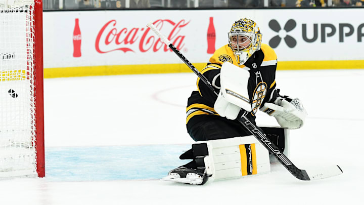 Apr 15, 2025; Boston, Massachusetts, USA; New Jersey Devils defenseman Brian Dumoulin (2) (not pictured) scores in overtime past Boston Bruins goaltender Jeremy Swayman (1) at TD Garden. Mandatory Credit: Bob DeChiara-Imagn Images