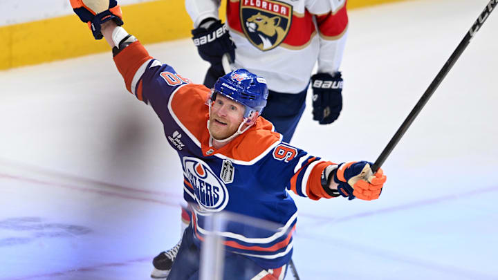 Edmonton Oilers right wing Corey Perry reacts after scoring a goal against the Florida Panthers.