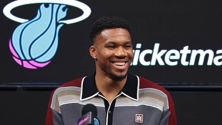 Jul 16, 2026; Miami, FL, USA; Miami Heat forward Giannis Antetokounmpo (7) reacts during his introductory press conference at Kaseya Center. Mandatory Credit: Sam Navarro-Imagn Images Jul 16, 2026; Miami, FL, USA; Miami Heat forward Giannis Antetokounmpo (7) reacts during his introductory press conference at Kaseya Center. Mandatory Credit: Sam Navarro-Imagn Images