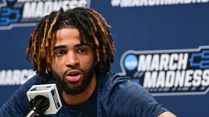 Mar 20, 2025; Milwaukee, WI, USA; North Carolina Tar Heels guard RJ Davis (4) speaks at press conference during NCAA Tournament First Round Practice at Fiserv Forum. Mandatory Credit: Benny Sieu-Imagn Images