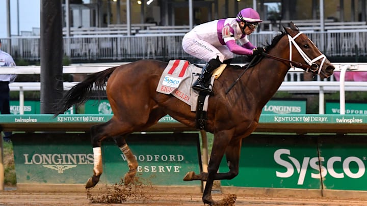 Look Forward, with jockey Umberto Rispoli up, head for the finish line to win the 74th running of The Eight Belles, Friday, May 2, 2025 in Louisville Ky.