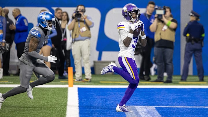 Jan 7, 2024; Detroit, Michigan, USA; Minnesota Vikings wide receiver Jordan Addison (3) catches a pass for a touchdown in front of Detroit Lions cornerback Cameron Sutton (1) during second half at Ford Field. Jan 7, 2024; Detroit, Michigan, USA; Minnesota Vikings wide receiver Jordan Addison (3) catches a pass for a touchdown in front of Detroit Lions cornerback Cameron Sutton (1) during second half at Ford Field.
