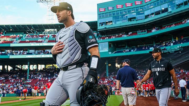 Aug 4, 2026; Boston, Massachusetts, USA; Chicago White Sox catcher Joey Bart (25) walks to the bullpen before the start of the game against the Boston Red Sox at Fenway Park. Mandatory Credit: David Butler II-Imagn Images