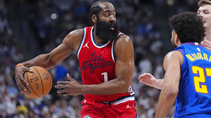 May 3, 2025; Denver, Colorado, USA; LA Clippers guard James Harden (1) prepares to pass the ball in the second quarter against the Denver Nuggets during game seven of first round for the 2025 NBA Playoffs at Ball Arena. Mandatory Credit: Ron Chenoy-Imagn Images May 3, 2025; Denver, Colorado, USA; LA Clippers guard James Harden (1) prepares to pass the ball in the second quarter against the Denver Nuggets during game seven of first round for the 2025 NBA Playoffs at Ball Arena. Mandatory Credit: Ron Chenoy-Imagn Images