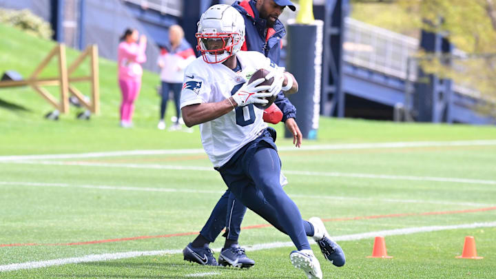 May 11, 2024; Foxborough, MA, USA; New England Patriots wide receiver Javon Baker (6) runs after the catch at the New England Patriots rookie camp at Gillette Stadium.  Mandatory Credit: Eric Canha-USA TODAY Sports