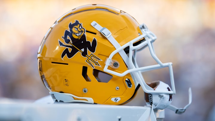 Nov 23, 2024; Tempe, Arizona, USA; Detailed view of an Arizona State Sun Devils helmet at Mountain America Stadium. Mandatory Credit: Mark J. Rebilas-Imagn Images