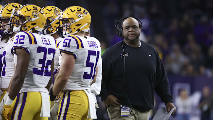 Jan 4, 2022; Houston, TX, USA; LSU Tigers interim head coach Brad Davis reacts during the third quarter against the Kansas State Wildcats during the 2022 Texas Bowl at NRG Stadium. Mandatory Credit: Troy Taormina-Imagn Images