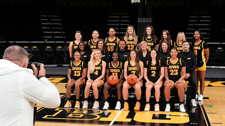 The Iowa women’s basketball team gathers for a group photo during the team’s media day Oct. 14, 2025 at Carver-Hawkeye Arena in Iowa City, Iowa.