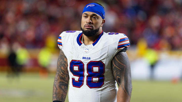 Jan 26, 2025; Kansas City, MO, USA; Buffalo Bills defensive tackle Austin Johnson (98) against the Kansas City Chiefs during the AFC Championship game at GEHA Field at Arrowhead Stadium. Mandatory Credit: Mark J. Rebilas-Imagn Images Jan 26, 2025; Kansas City, MO, USA; Buffalo Bills defensive tackle Austin Johnson (98) against the Kansas City Chiefs during the AFC Championship game at GEHA Field at Arrowhead Stadium. Mandatory Credit: Mark J. Rebilas-Imagn Images