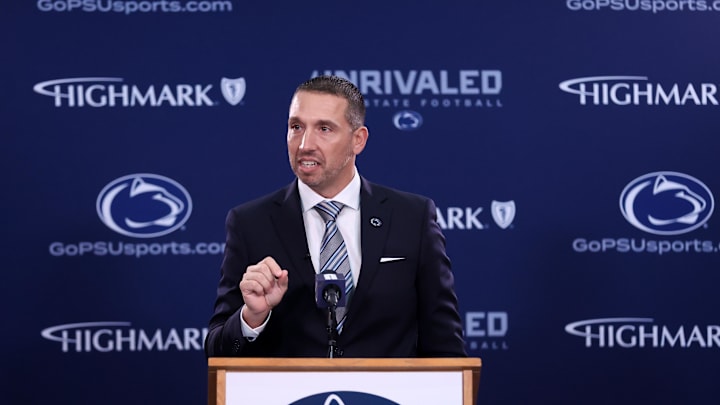 Dec 8, 2025; University Park, PA, USA; Matt Campbell is announced as the Penn State Nittany Lions new head coach during a press conference at the Beaver Stadium Press Room. Mandatory Credit: Matthew O'Haren-Imagn Images