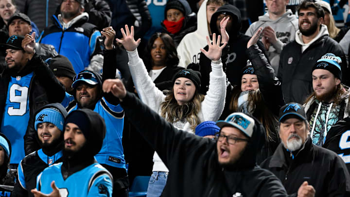 Dec 1, 2024; Charlotte, North Carolina, USA; Carolina Panthers fans react in the fourth quarter at Bank of America Stadium. Mandatory Credit: Bob Donnan-Imagn Images