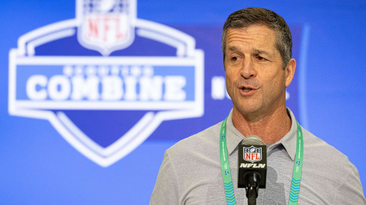 Feb 27, 2024; Indianapolis, IN, USA; Baltimore Ravens head coach John Harbaugh talks to the media