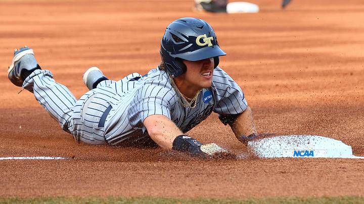 May 31, 2025; Oxford, MS, USA; Georgia Tech Yellowjackets outfielder Drew Burress (8) slides into third base during the first inning against the Murray State Racers. Mandatory Credit: Petre Thomas-Imagn Images