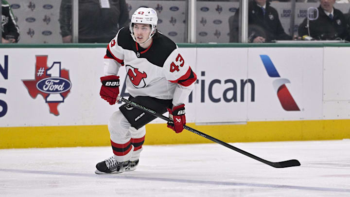 Mar 4, 2025; Dallas, Texas, USA; New Jersey Devils defenseman Luke Hughes (43) skates against the Dallas Stars during the first period at the American Airlines Center. Mandatory Credit: Jerome Miron-Imagn Images Mar 4, 2025; Dallas, Texas, USA; New Jersey Devils defenseman Luke Hughes (43) skates against the Dallas Stars during the first period at the American Airlines Center. Mandatory Credit: Jerome Miron-Imagn Images