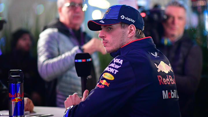 Nov 20, 2024; Las Vegas, Nevada, USA; Oracle Red Bull Racing driver Max Verstappen (1)  during media availabilities at Las Vegas Circuit. Mandatory Credit: Gary A. Vasquez-Imagn Images