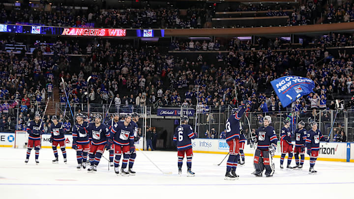 Mar 9, 2024; New York, New York, USA; The New York Rangers salute the fans after as 4-0 win against