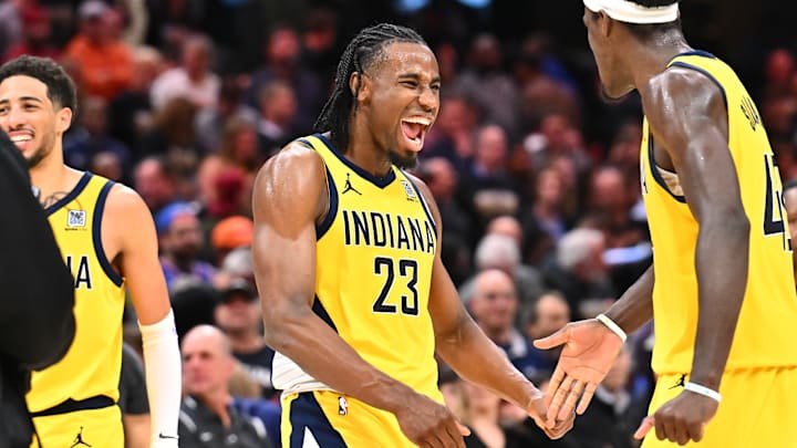 Indiana Pacers wing Aaron Nesmith (23) during a game against the Cleveland Cavaliers during the 2025 NBA Playoffs.
